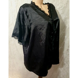 LUXURIOUS SLEEP SHIRT Button Down Kimono SHINY BLACK SATIN Lace WOMEN'S PLUS 1X